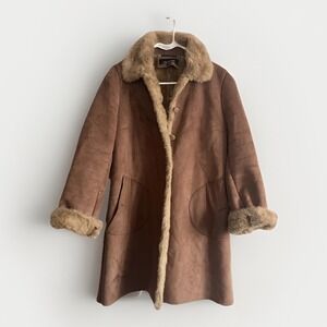 Jones New York Coat Womens Medium Brown Faux Suede Fur Lined Winter J4705